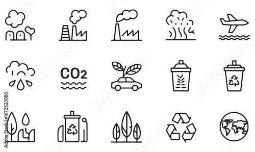 Collection of eco-friendly and pollution-related icons illustrating issues like emissions, recycling, and environmental protection.