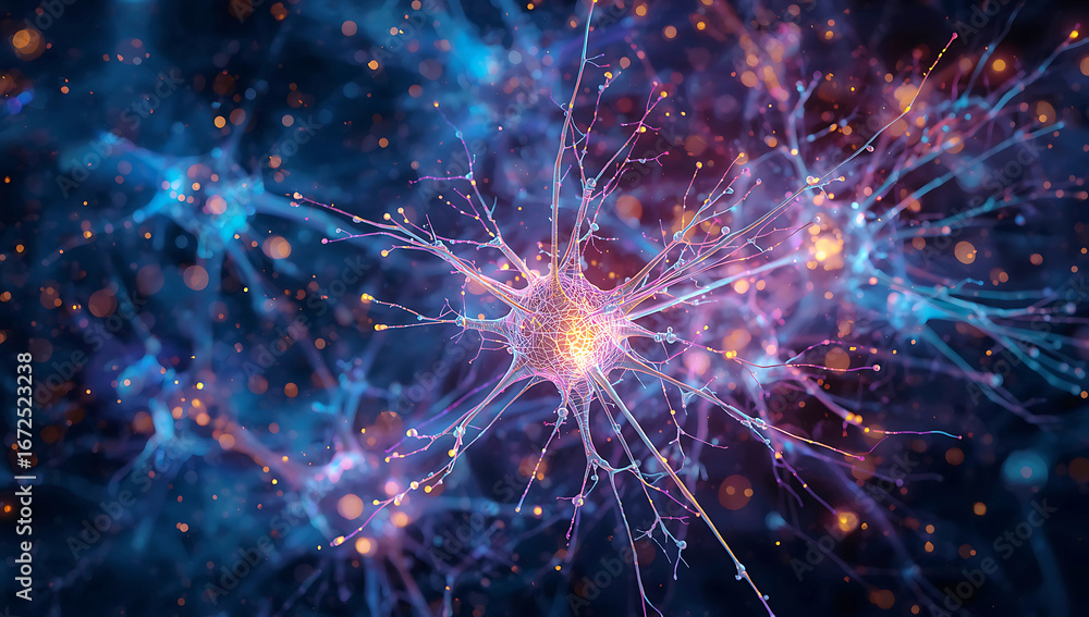 Fototapeta premium Abstract Neuron Network with Glowing Connections and Synapses Depicting Intelligence and Communication Processes within the Brain