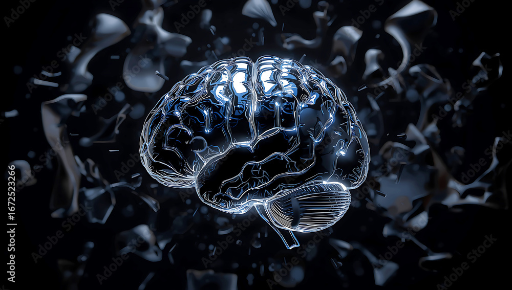 Fototapeta premium Abstract Glowing Human Brain Illustration with Debris Exploring Cognitive Functions and Artificial Intelligence Concept