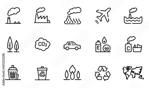 Line art icons depicting environmental pollution, recycling, CO2 emissions, and climate change, perfect for sustainability themes.