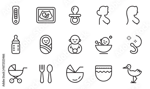 Collection of icons depicting baby essentials like bottles, pacifiers, and strollers for family-oriented designs.