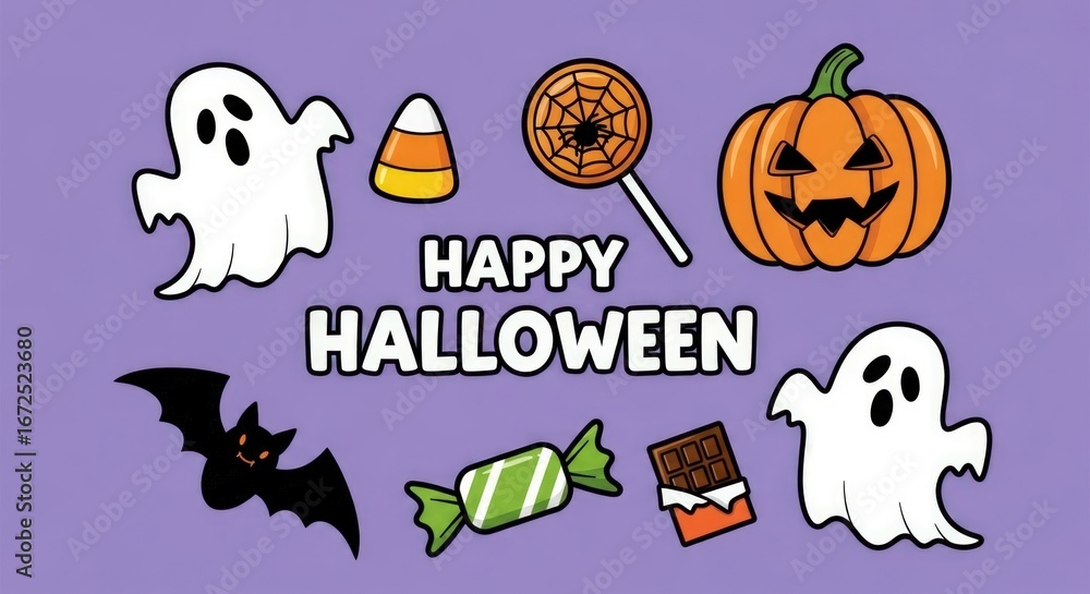 Fototapeta premium Happy Halloween with cute ghosts, bat, pumpkin, and candy on a purple background.