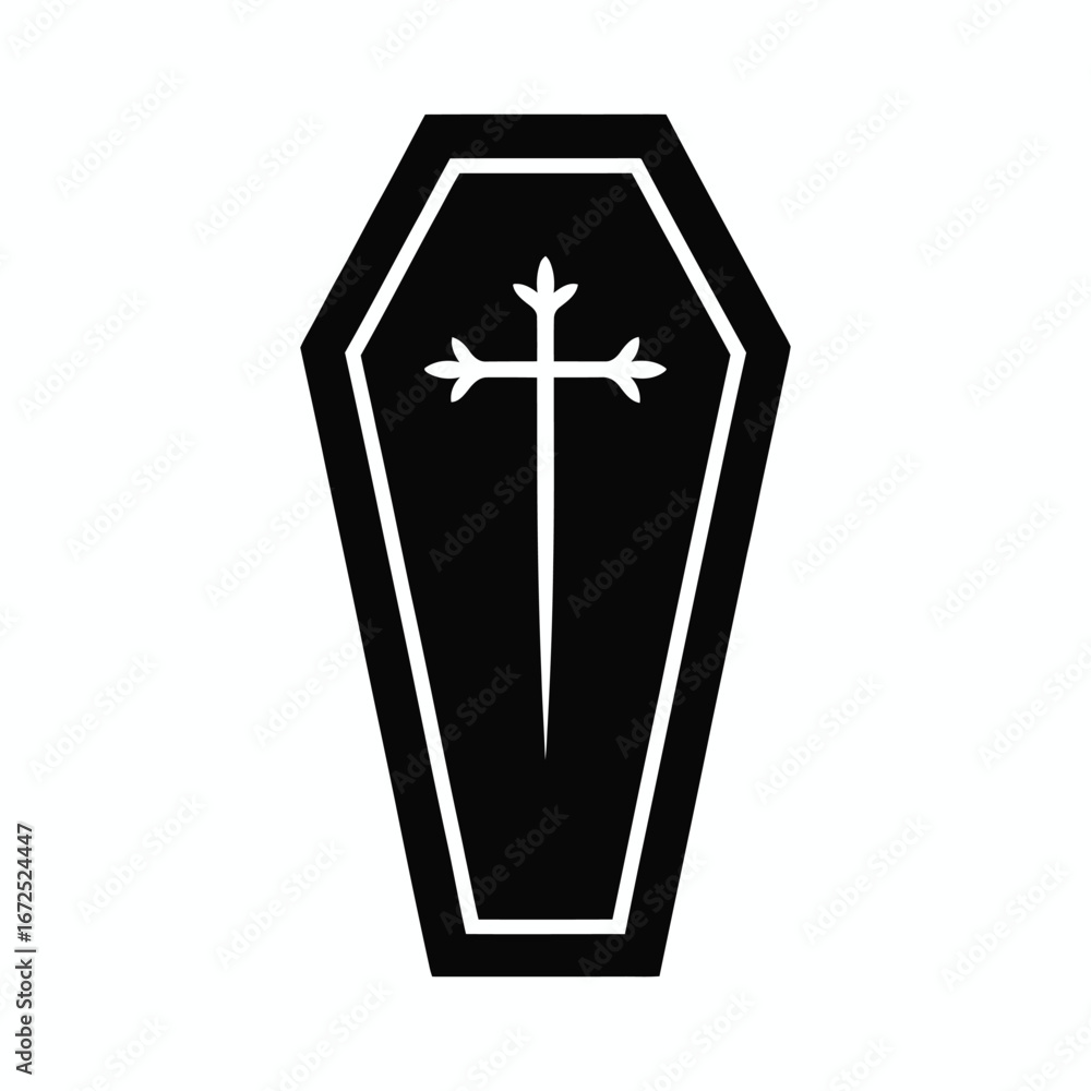 Obraz premium Halloween Coffin Icon – Scary Black Coffin with Cross Vector Illustration.