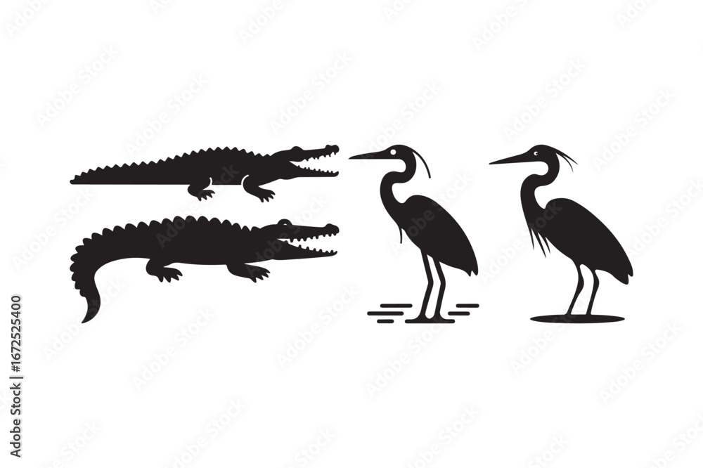 Obraz premium Silhouettes of alligators and herons in a natural setting