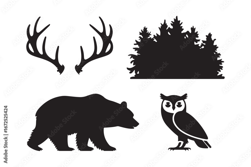 Obraz premium Rustic woodland wildlife and forest silhouette collection