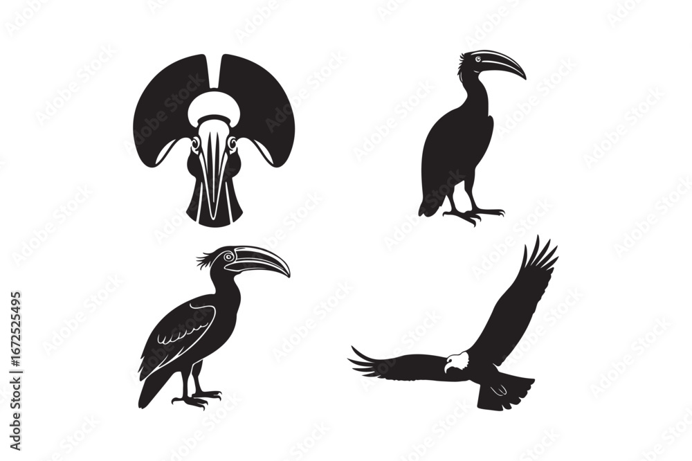 Obraz premium Four stylized black silhouettes of shoebill storks in various poses