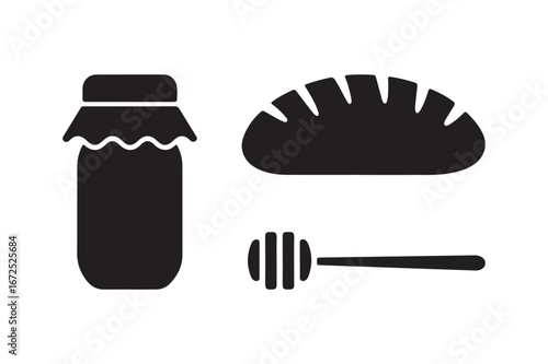 Black silhouette of honey jar bread and honey dipper