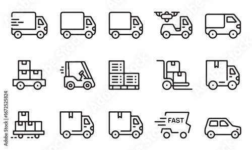 Line icons representing transportation, delivery services, and warehouse operations for logistics themes.