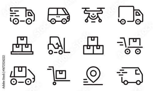 Set of line art icons illustrating transportation and delivery vehicles like trucks, drones, and forklifts.