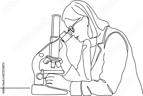 3d a scientist looking through a microscope continue  on white background