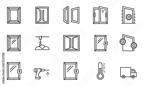 Various window types and repair tools illustrated in line art, ideal for home improvement projects.