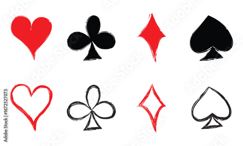 Card suit hand drawn red and black icons vector, clubs diamonds hearts spades icons. Casino Poker and gambling graphic elements, Outline grunge icon.