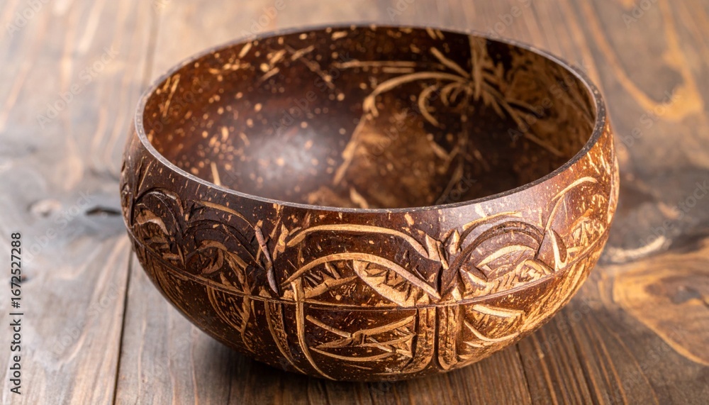Fototapeta premium Hand Carved Brown Coconut Shell Bowl on Rustic Wooden Table Surface