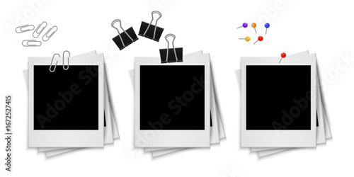 Realistic Polaroid Photo Frame Set with Paper Clips, Bulldog Clips, and Push Pins – Blank Retro Instant Picture Template for Scrapbook, Album, Wall Decor, and Photography Display. Vector.