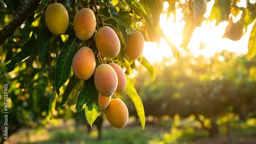 Beautiful mango orchard at sunset, showcasing ripening fruits in a tropical paradise