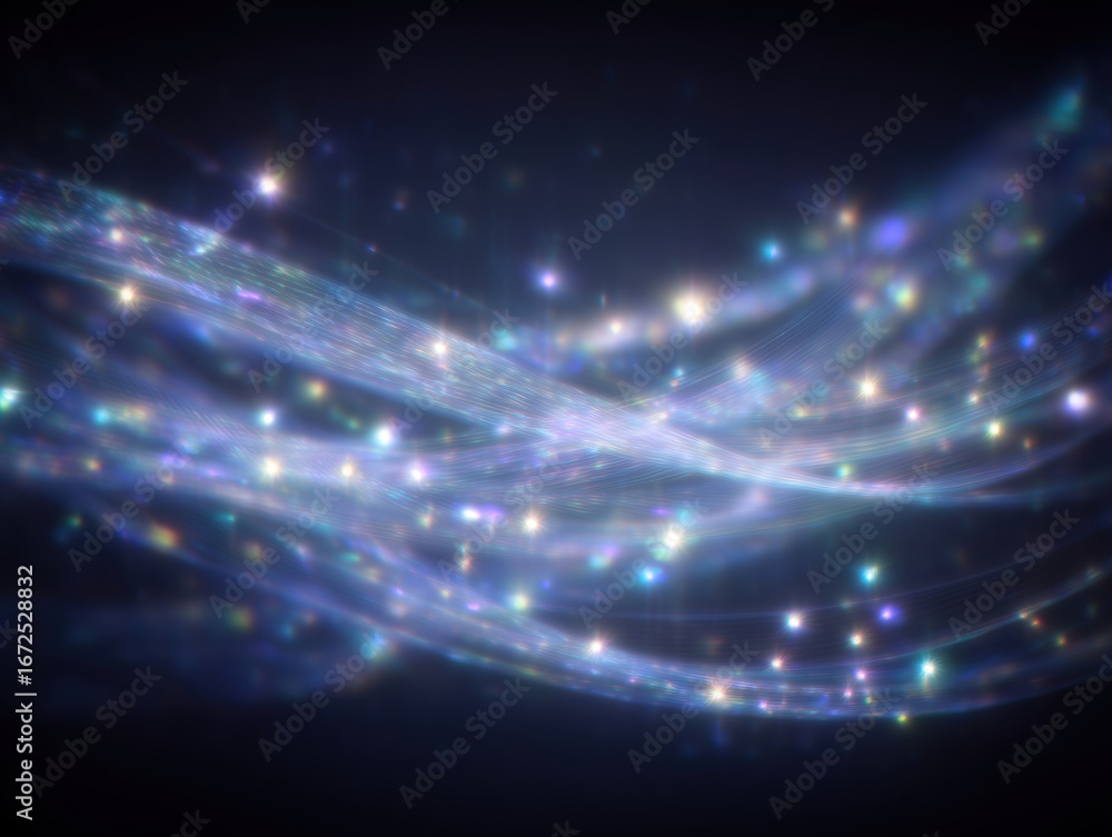 Fototapeta premium Illuminated, flowing digital light waves with sparkling points, creating a futuristic, dynamic scene of energy and innovation against a dark background
