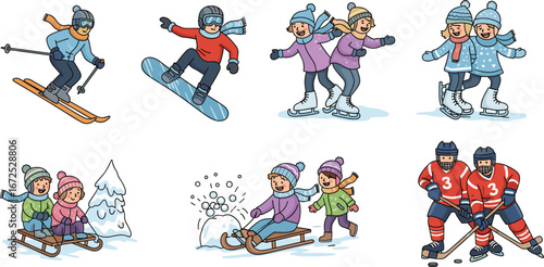 winter sports illustration, skiing, snowboarding, ice skating, sledding, snowball fight, hockey players, outdoor fun activities