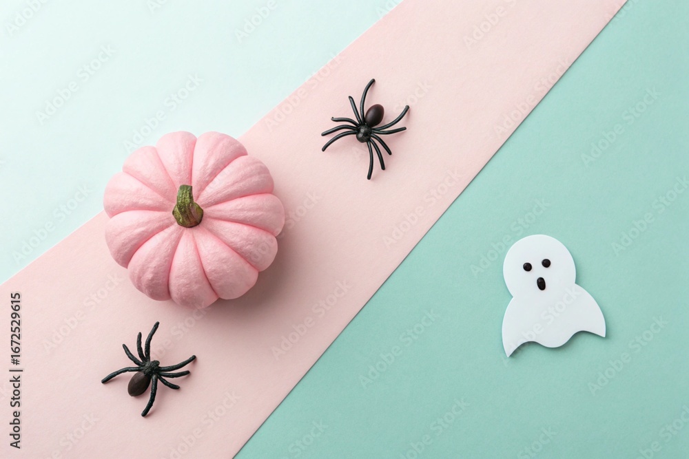 Obraz premium Pink pumpkin with black spiders and cute paper ghost on pastel background | Halloween flatlay | soft colors and copyspace