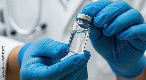 A close-up of a doctor's hands in blue surgical gloves holding a small glass vial of vaccine or medicine in a hospital or laboratory setting.