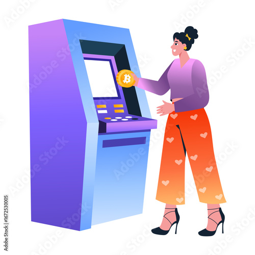 Flat illustration showing a character withdrawing money from atm