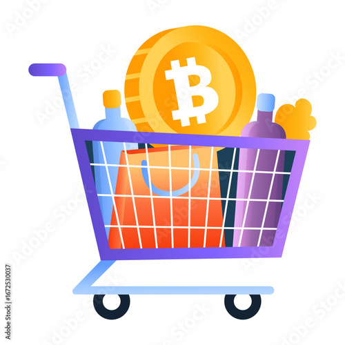 A flat style illustration showing a bitcoin cart