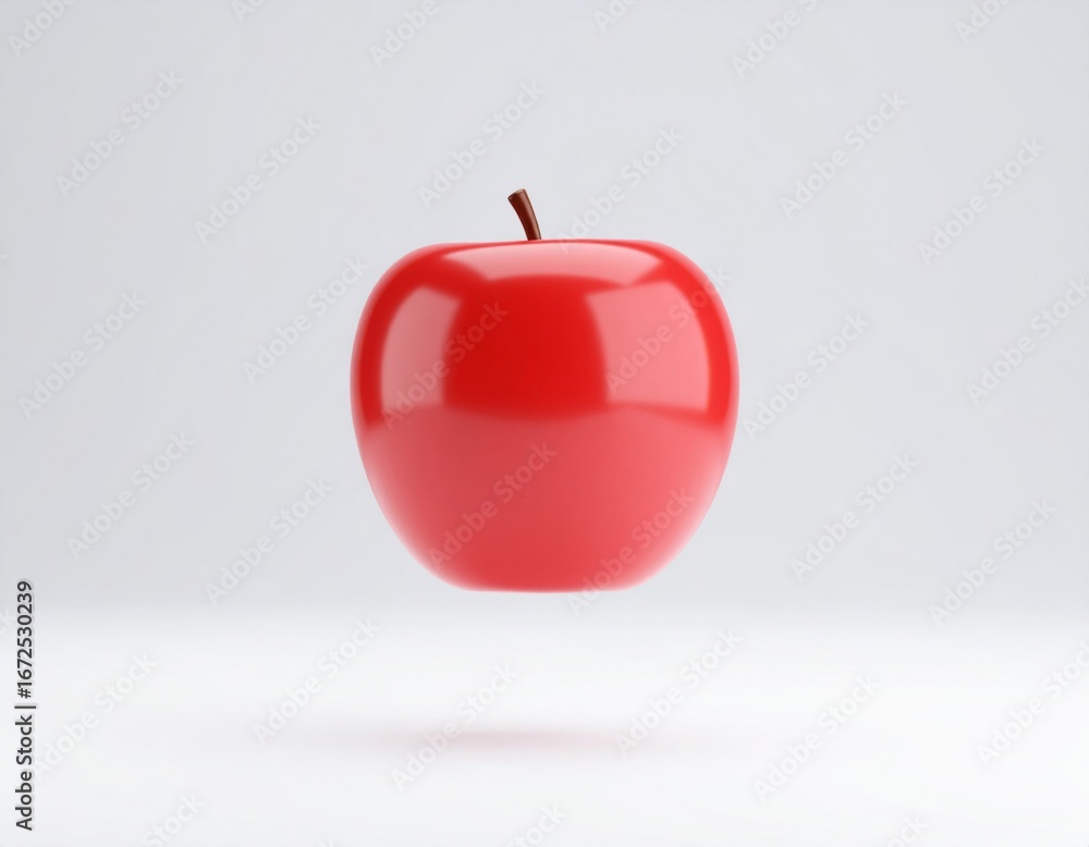 Obraz premium Shiny Red Apple with a Small Stem Floating on a White Background with Shadow