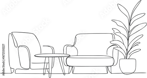 one line  art vector drawing of armchair on with white background