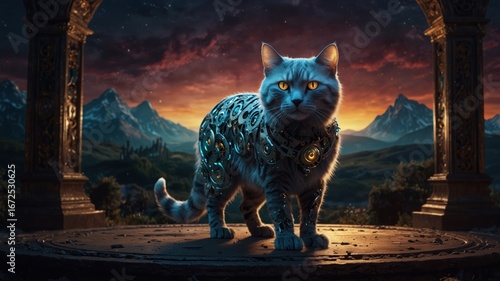 A fantasy time cat glowing with gears and clocks, representing time, eternity, and destiny.