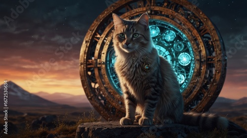 A fantasy time cat glowing with gears and clocks, representing time, eternity, and destiny.