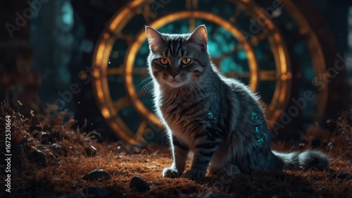 A fantasy time cat glowing with gears and clocks, representing time, eternity, and destiny.