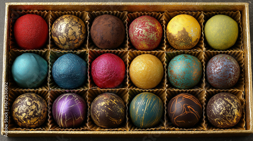 Assorted colorful chocolate truffles rest in a gold gift box, offering a luxurious, festive, and visually indulgent confectionery display.