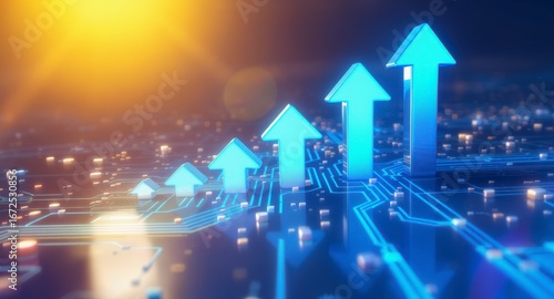 Digital Growth Concept with Rising Blue Arrows on Circuit Board Background