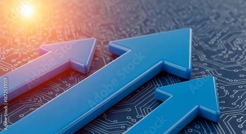 Blue Arrows Pointing Upward on Circuit Board Background