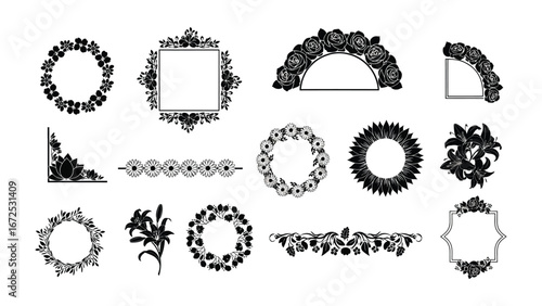 Floral Elegance: An assortment of elegant floral frames and design elements, meticulously crafted to enhance any creative project, showcasing detailed blossoms and intricate patterns.