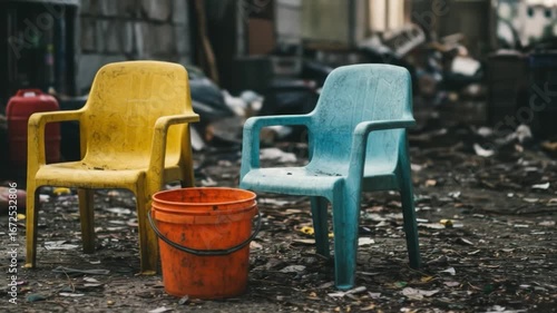 Two plastic chairs and a bucket abandoned objects color still life grunge texture