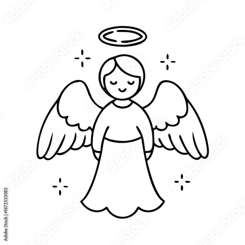 Angel outline drawing vector illustration, christmas angel with wings and halo clip art design