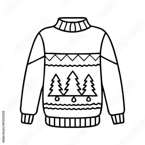 Outline christmas sweater with trees vector illustration for winter holiday season apparel