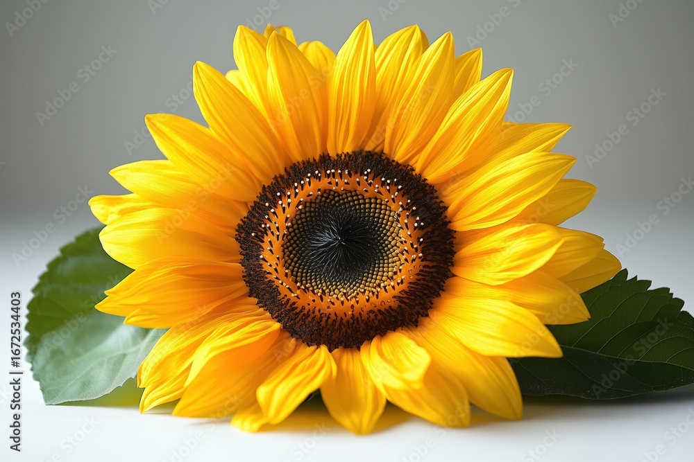 Fototapeta premium studio shot of single sunflower with leaf