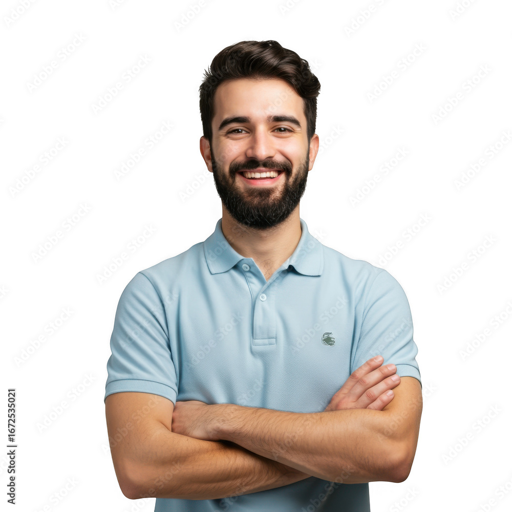 Fototapeta premium Smiling caucasian man with beard and blue polo shirt crossed arms confident pose isolated on transparent background