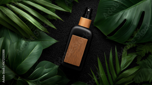 Black spray bottle with a wooden label, surrounded by green plants, placed on a dark background for a natural, elegant look.
