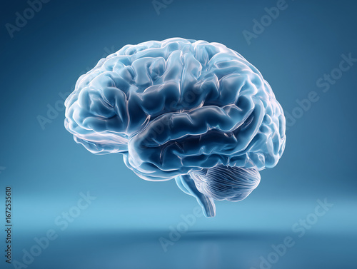 Glossy brain illustration on blue gradient background, 3D render