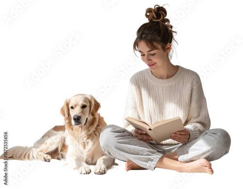 Person Reading Book While Sitting Beside Dog, Cozy Home Scene, isolated transparent background PNG