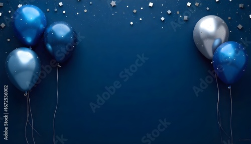 Blue Party Balloons with Glitter and Confetti on a Dark Background