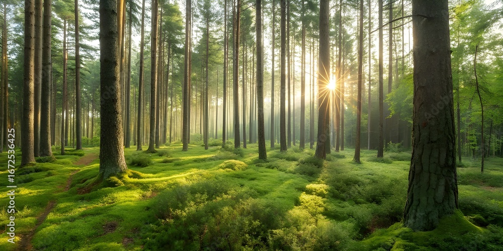 Obraz premium Sunlight filtering through tall pine trees in a lush green forest
