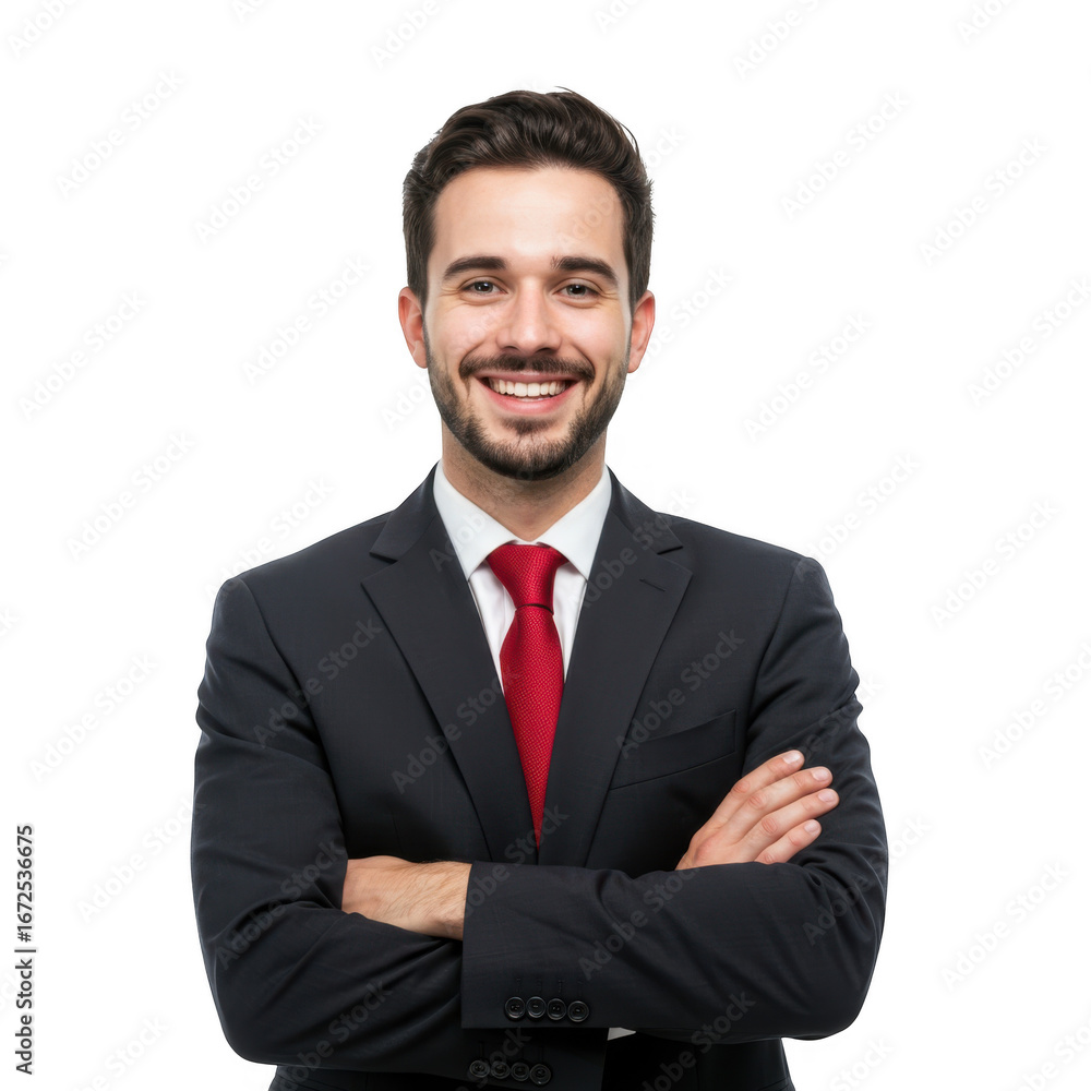 Smiling businessman with arms crossed wearing a dark suit and red tie looking directly at the viewer isolated on transparent background Smiling businessman with arms crossed wearing a dark suit and red tie looking directly at the viewer isolated on transparent background