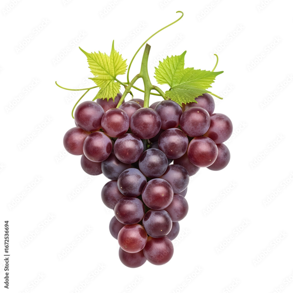 Fototapeta premium A high-quality, studio photograph of a ripe bunch of plump purple grapes with a green vine, a classic fruit, completely visible and perfectly isolated on transparent background.