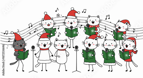 Cute Stick Cats Singing Christmas Carols with Snowflake Musical Notes Vector
