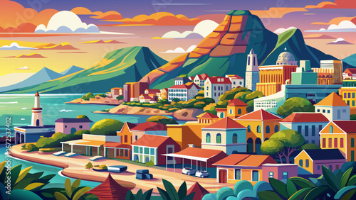 Cape Town, South Africa, where Table Mountain towers above glittering coastlines. A vibrant blend of cultures, colorful houses in Bo-Kaap, and sweeping ocean views define this dynamic southern city.