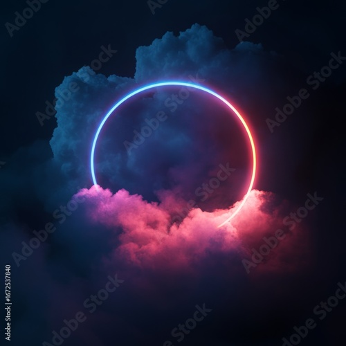 Wallpaper Mural 3d render, colorful neon glowing circle inside vibrant fluffy clouds on dark background, abstract illustration Torontodigital.ca