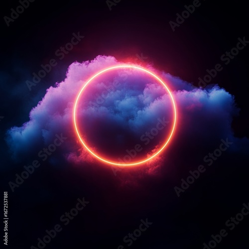 3d render, colorful neon glowing circle inside vibrant fluffy clouds on dark background, abstract illustration